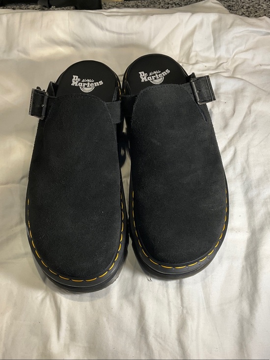Dr. Martens Black Suede Clog Mules with Yellow Stitching Accent